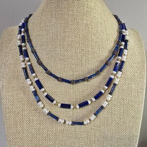 Triple Three Strand Lapis Lazuli and Pearl Necklace